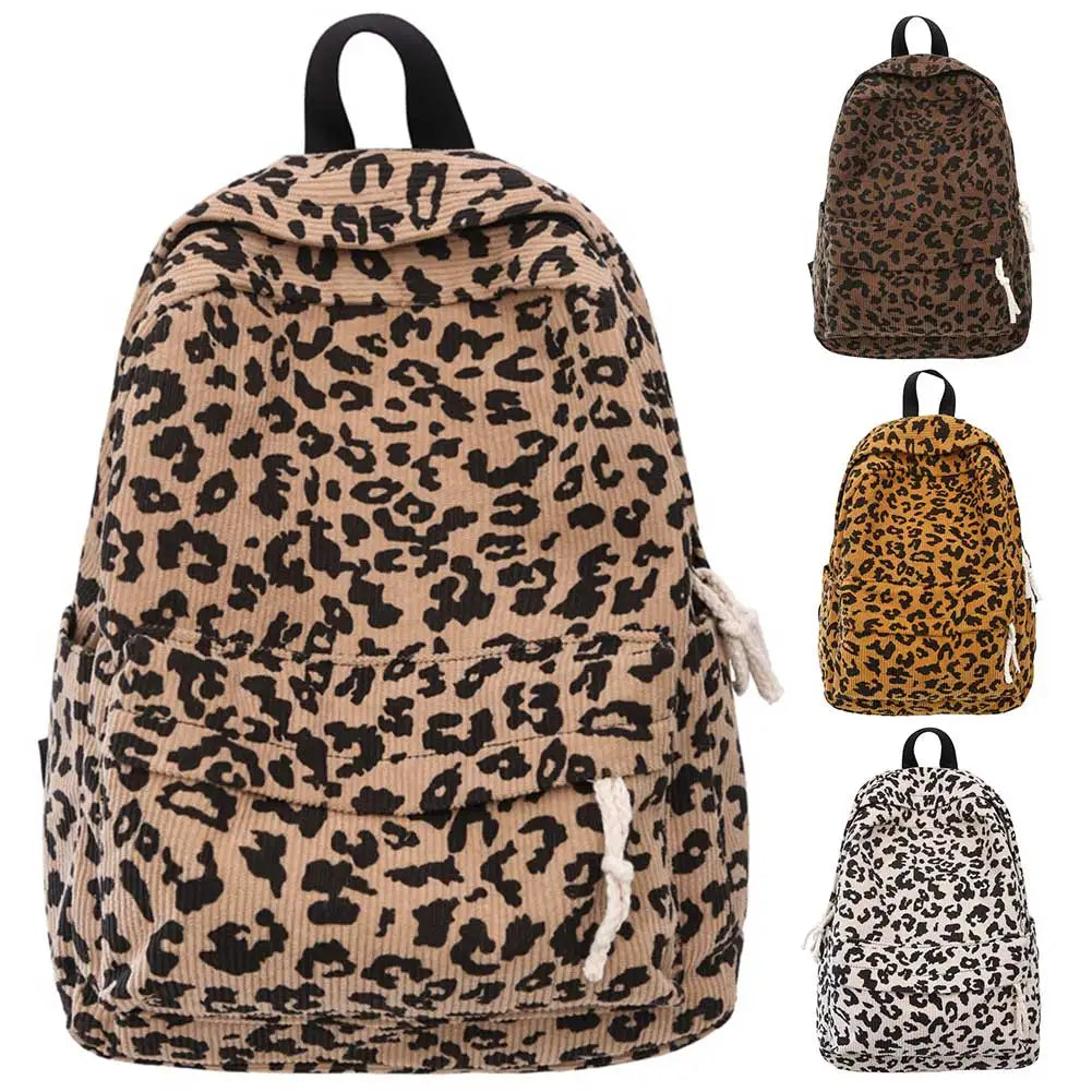Damen Cord Rucksack mit Leopardenmuster – modischer Stoffrucksack für Freizeit, Schule & Reisen