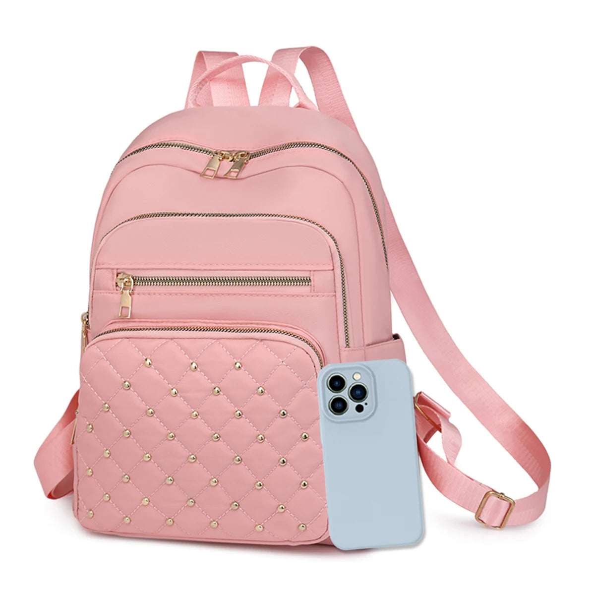 Damen Rucksack aus leichtem Nylon | Gestepptes Design mit Rautennieten & großem Stauraum