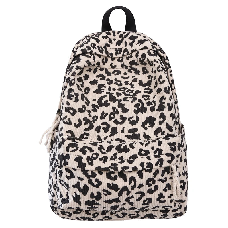 Damen Cord Rucksack mit Leopardenmuster – modischer Stoffrucksack für Freizeit, Schule & Reisen
