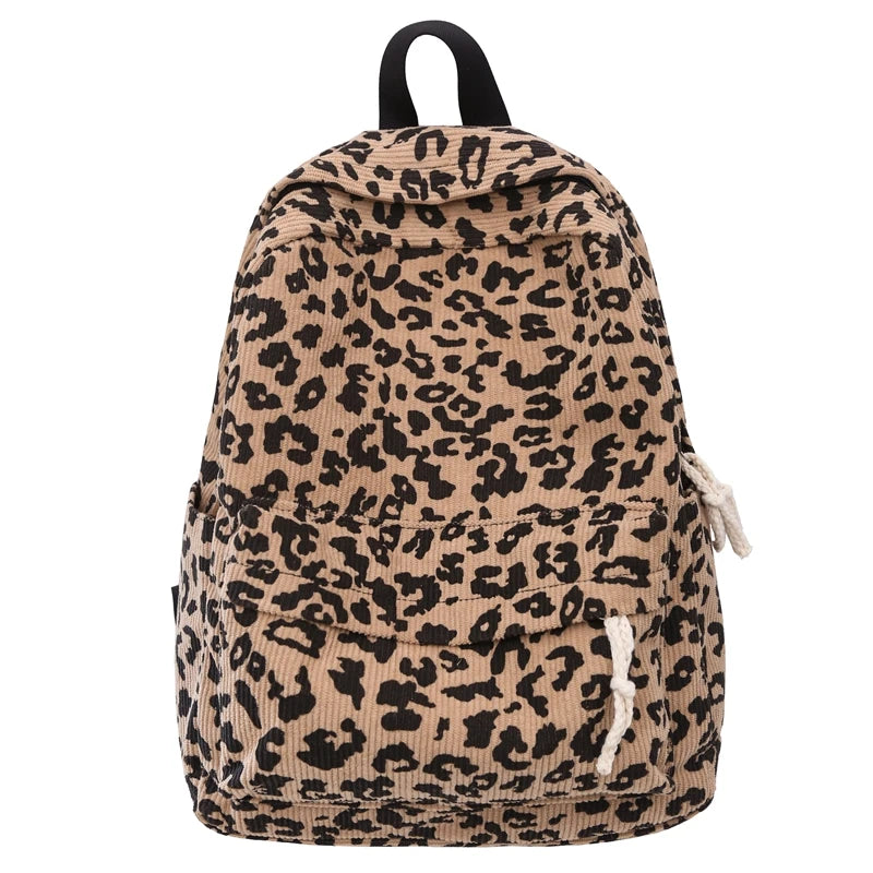 Damen Cord Rucksack mit Leopardenmuster – modischer Stoffrucksack für Freizeit, Schule & Reisen