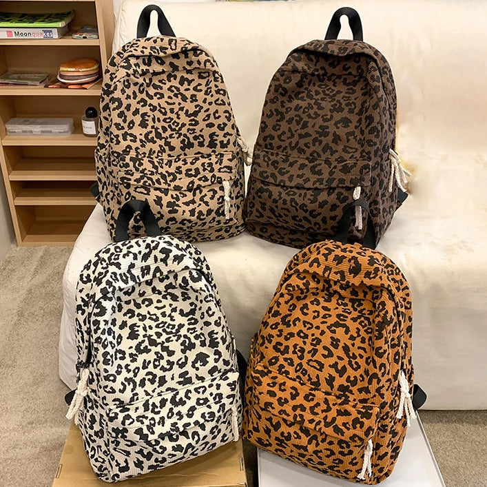 Damen Cord Rucksack mit Leopardenmuster – modischer Stoffrucksack für Freizeit, Schule & Reisen