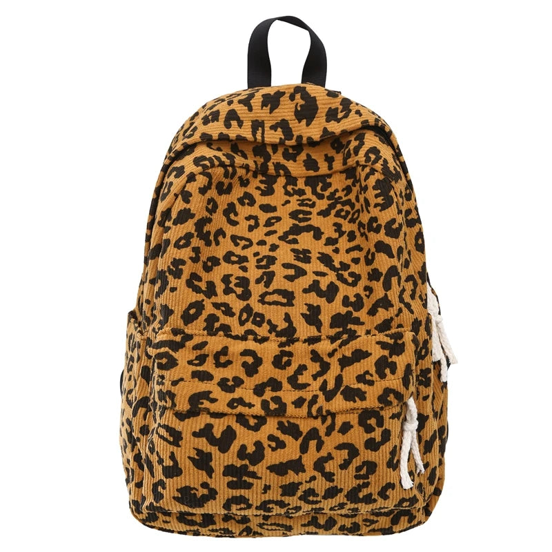 Damen Cord Rucksack mit Leopardenmuster – modischer Stoffrucksack für Freizeit, Schule & Reisen