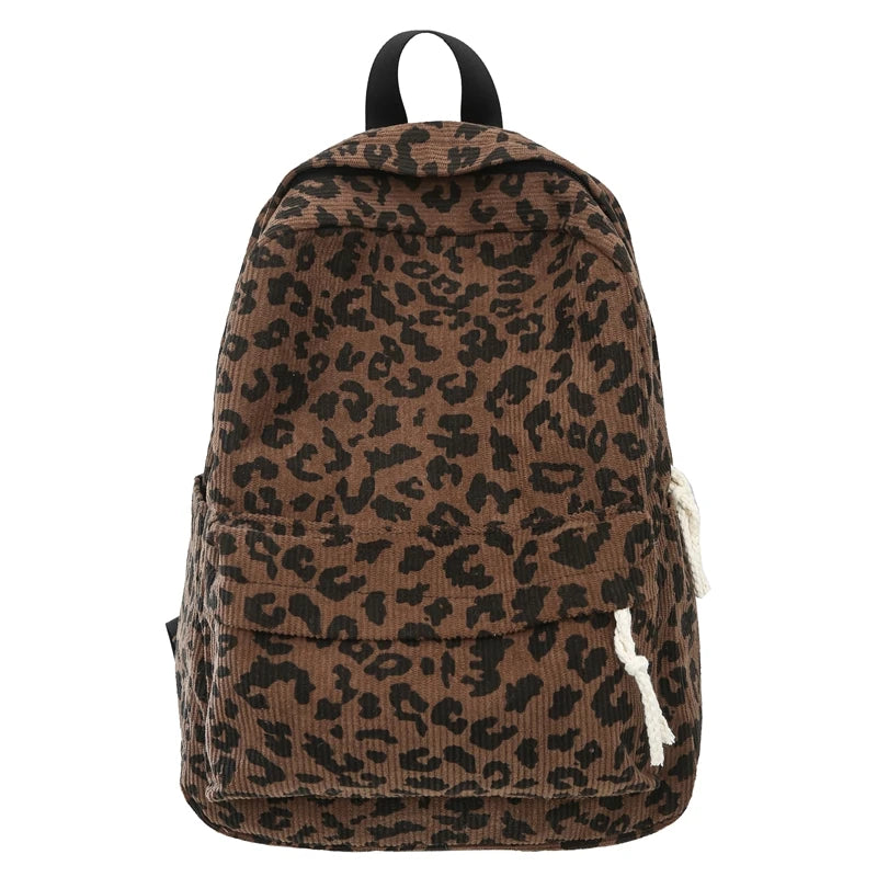 Damen Cord Rucksack mit Leopardenmuster – modischer Stoffrucksack für Freizeit, Schule & Reisen