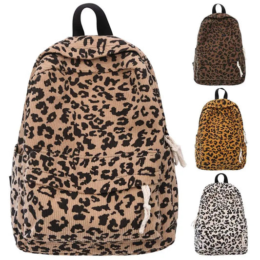 Damen Cord Rucksack mit Leopardenmuster – modischer Stoffrucksack für Freizeit, Schule & Reisen